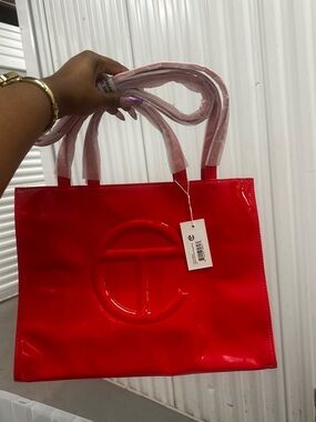 Telfar Glossy Red Shopping Tote with Embossed Logo